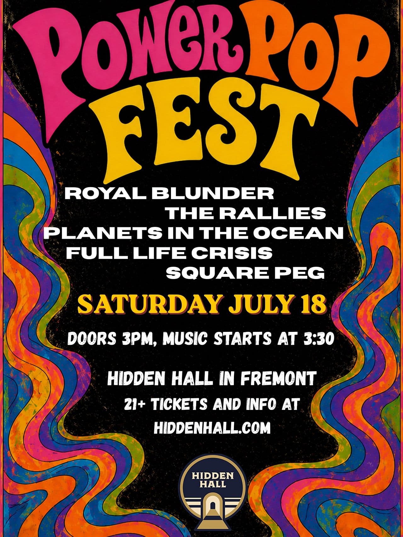 POWER POP FEST with Royal Blunder, The Rallies, Planets in the Ocean, Full Life Crisis, Square Peg artwork from Hidden Hall