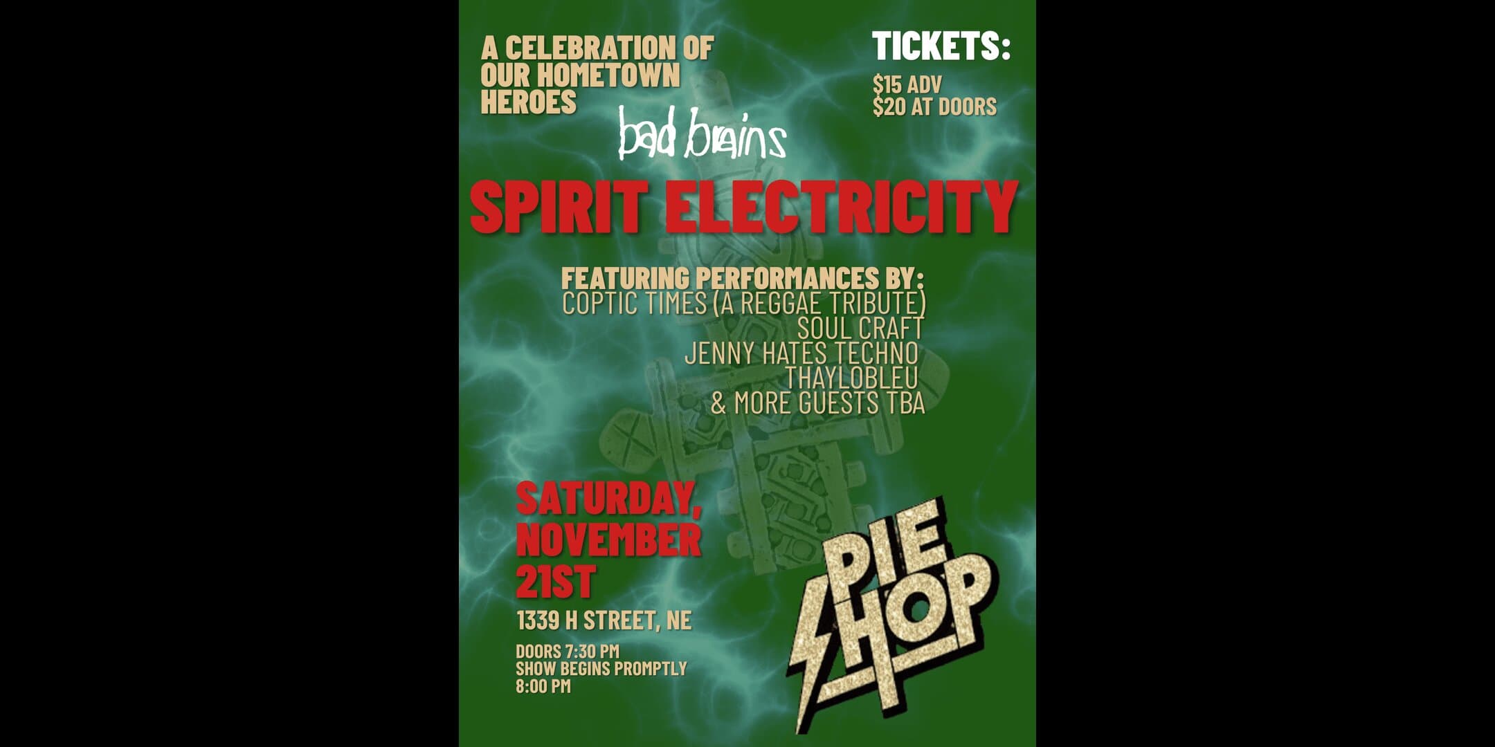 Spirit Electricity w/ Coptic Times, Soul Craft, Jenny Hates Techno, Thaylobleau, & more artwork from Pie Shop