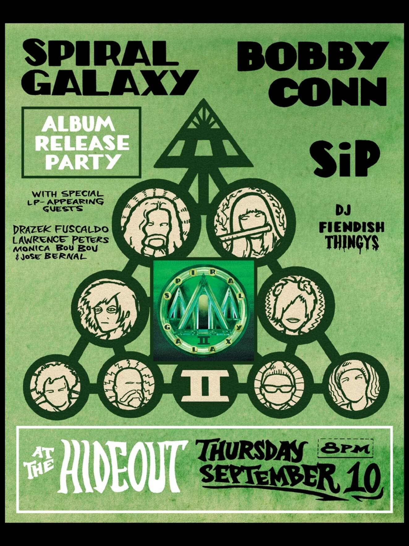 Spiral Galaxy, Bobby Conn, SiP, DJ Fiendish Thingys artwork from Hideout Chicago