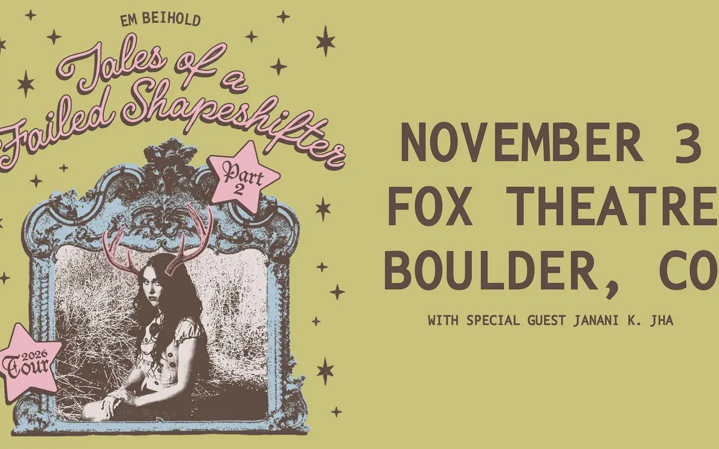 Em Beihold: Tales of a Failed Shapeshifter Tour with Janani K. Jha artwork from Fox Theatre