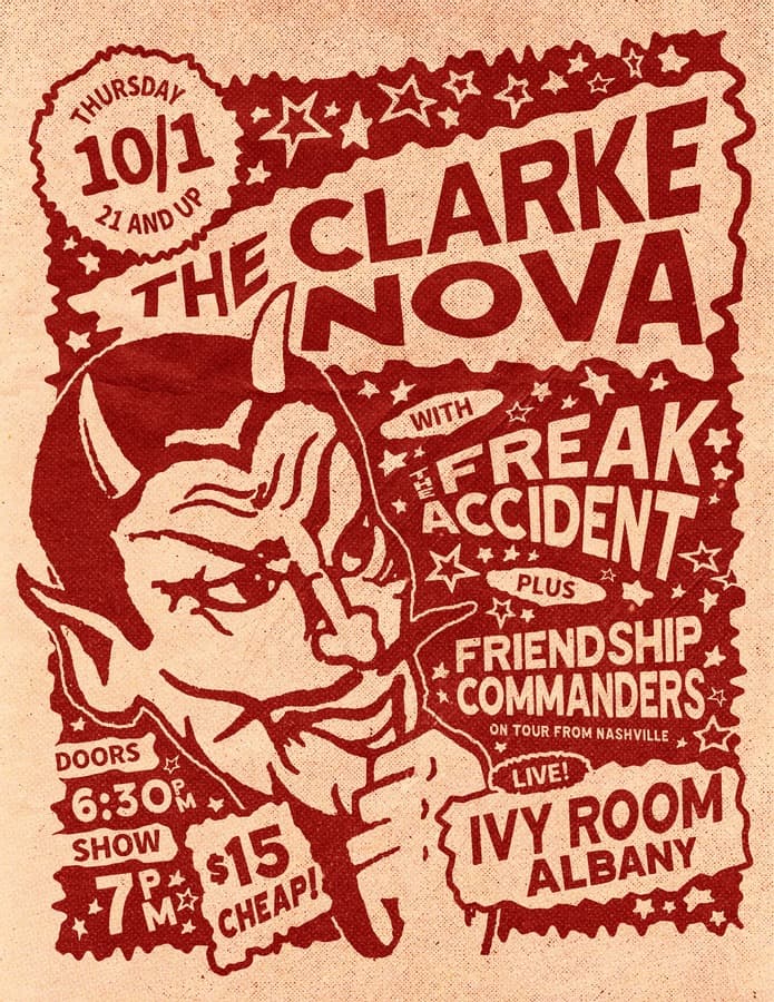 The Clarke Nova + Freak Accident + Friendship Commanders artwork from Ivy Room