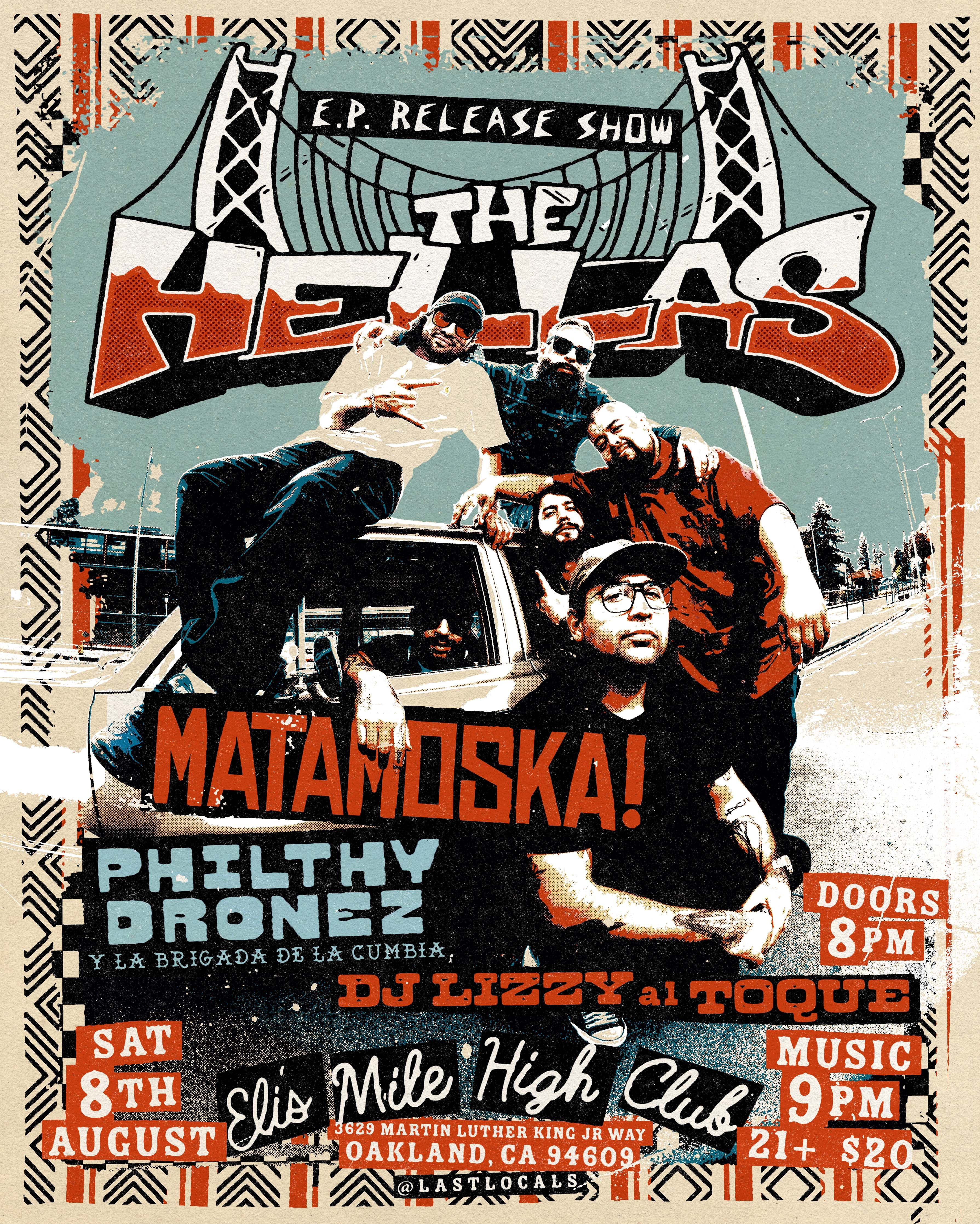 The Hellas, Matamoska!, Philthy Dronez, DJ Lizzy Al Toque artwork from Eli's Mile High Club
