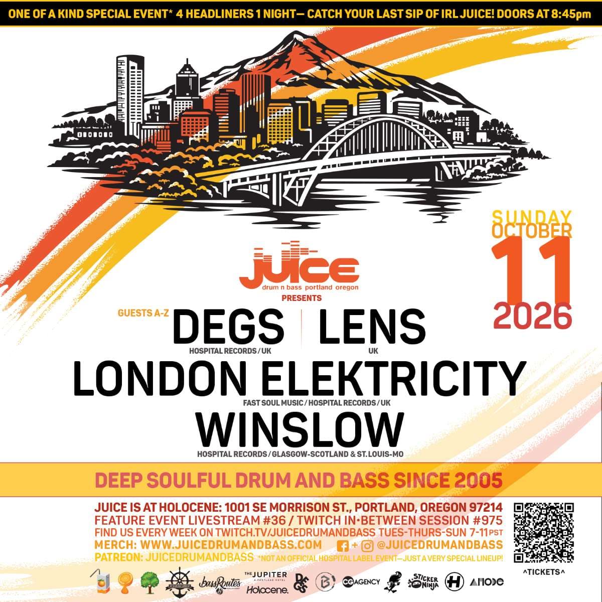 JUICE DnB Fall Event / DEGS, LENS, LONDON ELEKTRICITY, WINSLOW – 21+ artwork from Holocene
